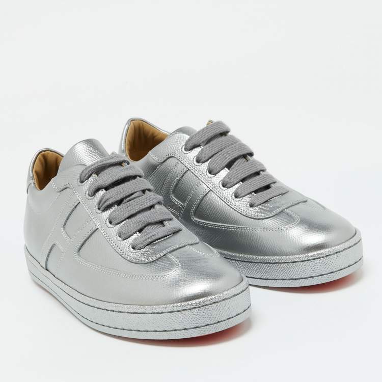 Pre Owned Hermes Silver Leather Quicker Low Top Sneakers Size 36.5