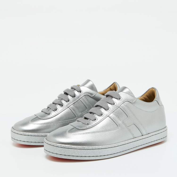 Pre Owned Hermes Silver Leather Quicker Low Top Sneakers Size 36.5