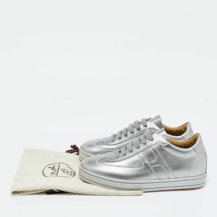 Pre Owned Hermes Silver Leather Quicker Low Top Sneakers Size 36.5