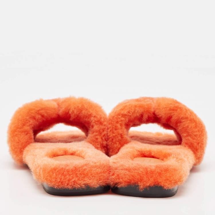 Pre Owned Hermes Orange Shearling Fur Oran Flat Slides Size 37.5