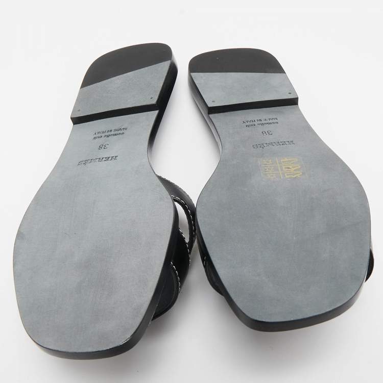 مملوكة مسبقًا Hermes Black Leather Oran Flat Slide Sandals Size 38