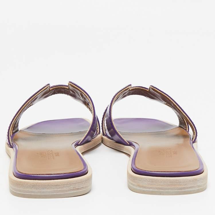 Pre Owned Hermes Purple Leather Oran Flat Slides Size 36.5