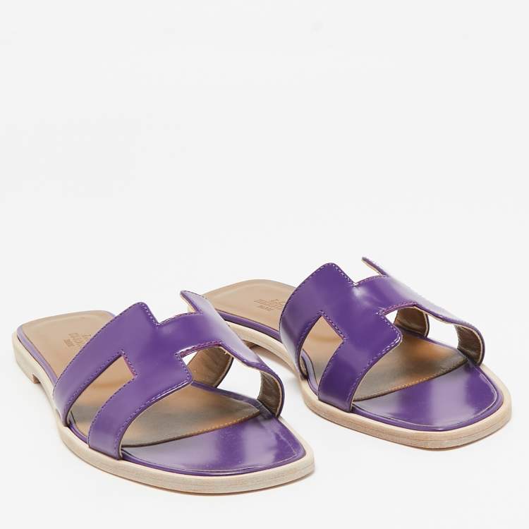 Pre Owned Hermes Purple Leather Oran Flat Slides Size 36.5