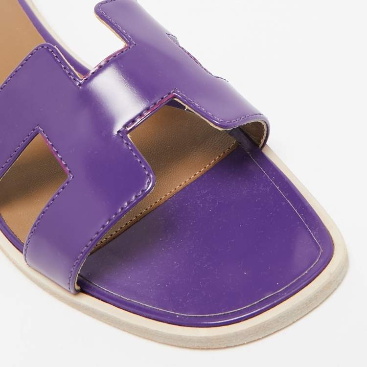 Pre Owned Hermes Purple Leather Oran Flat Slides Size 36.5