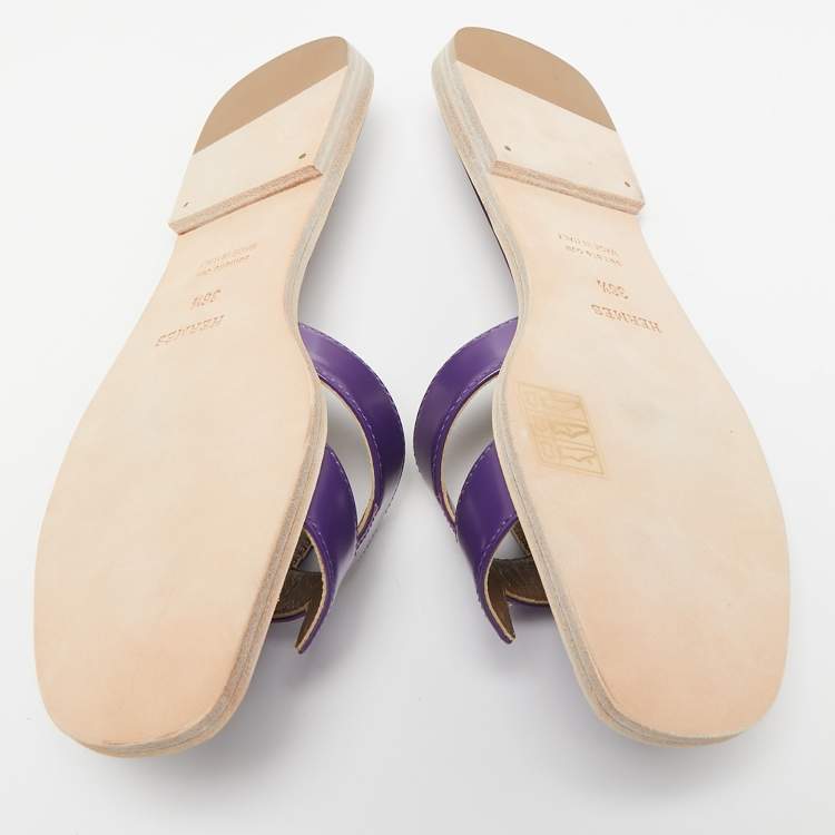 Pre Owned Hermes Purple Leather Oran Flat Slides Size 36.5
