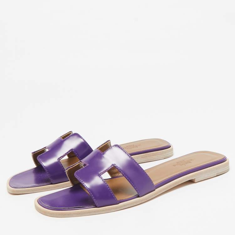 Pre Owned Hermes Purple Leather Oran Flat Slides Size 36.5