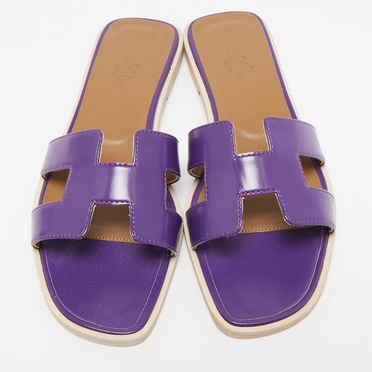 Pre Owned Hermes Purple Leather Oran Flat Slides Size 36.5