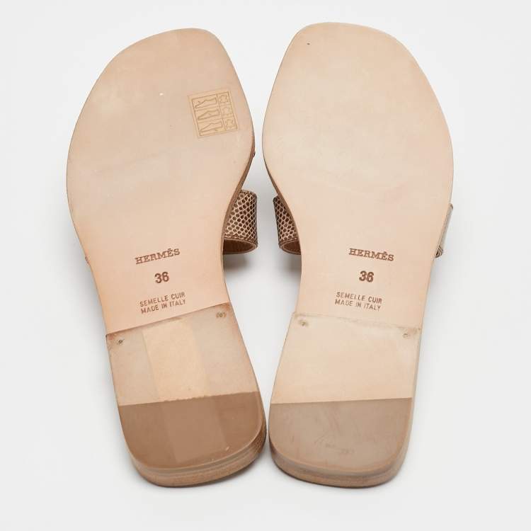 Pre Owned Hermes Beige Lizard Oran Slide Sandals Size 36