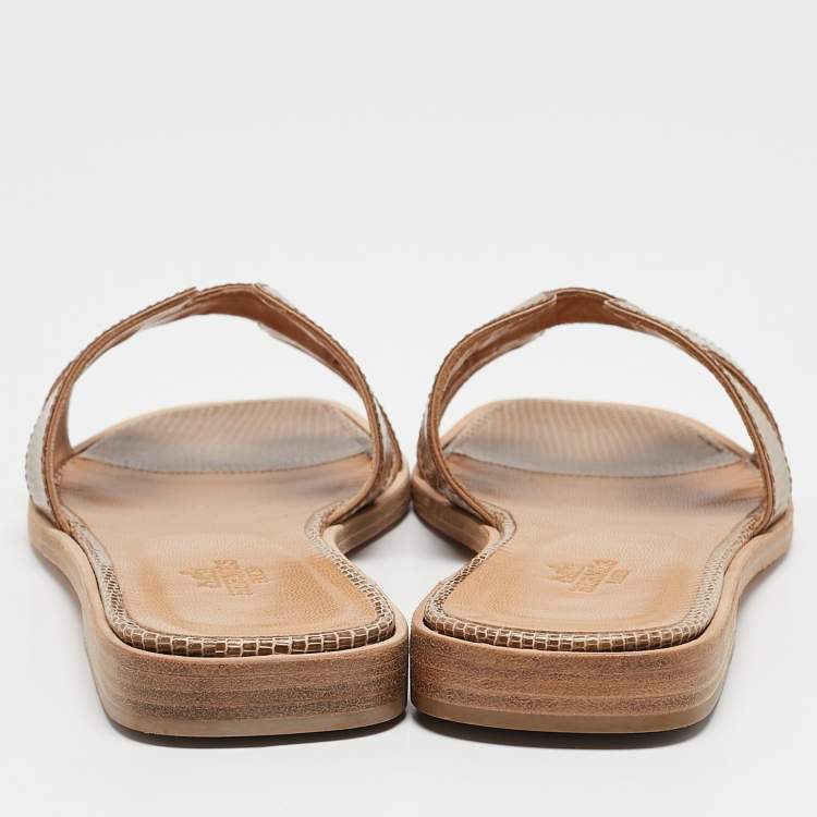 Pre Owned Hermes Beige Lizard Oran Slide Sandals Size 36