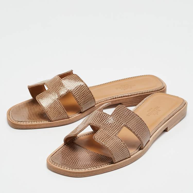 Pre Owned Hermes Beige Lizard Oran Slide Sandals Size 36
