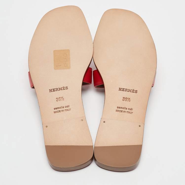 Pre Owned Hermes Red Leather Oran Slide Sandals Size 36.5