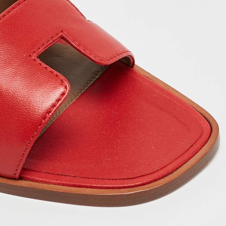 Pre Owned Hermes Red Leather Oran Slide Sandals Size 36.5