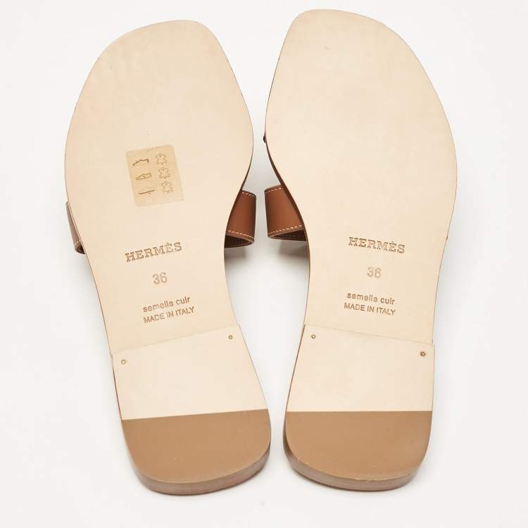 Pre Owned Hermès Brown Leather Oran Flat Slides Size 36