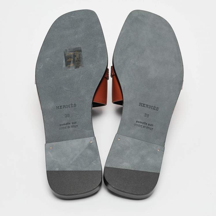 Pre Owned Hermes Brown Lizard and Leather Giulia Flat Slides Size 38