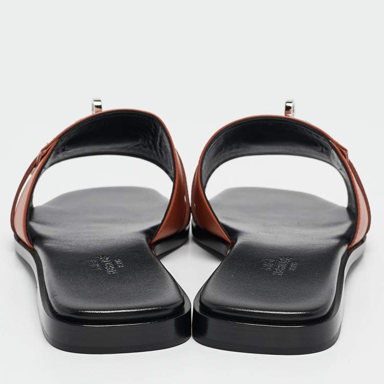 Pre Owned Hermes Brown Lizard and Leather Giulia Flat Slides Size 38