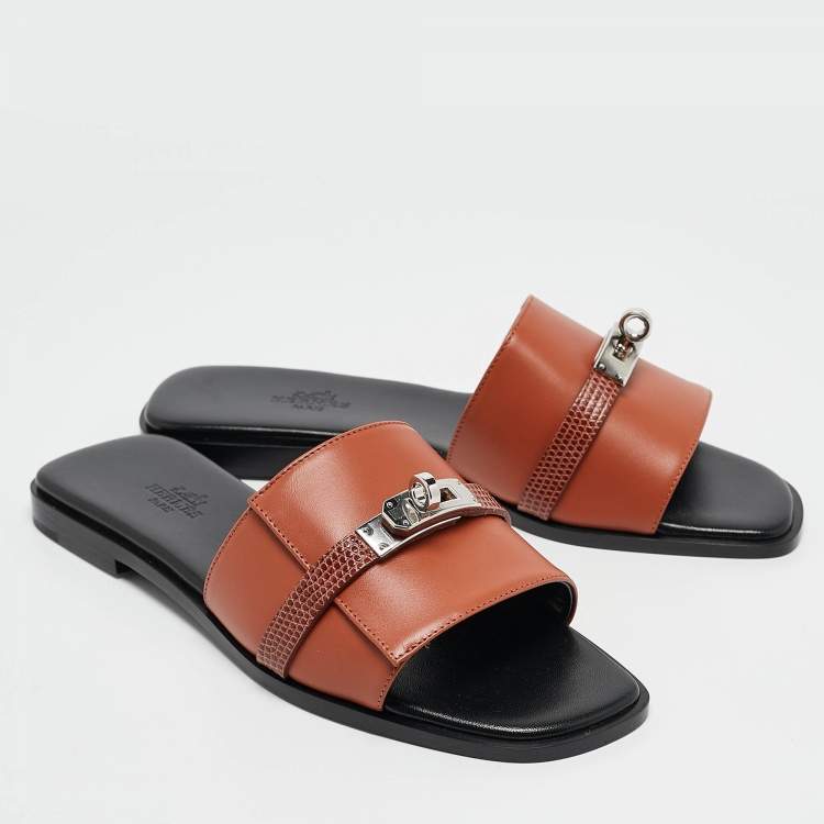 Pre Owned Hermes Brown Lizard and Leather Giulia Flat Slides Size 38