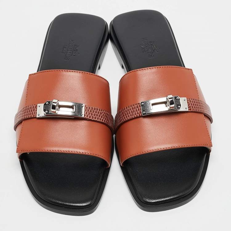 Pre Owned Hermes Brown Lizard and Leather Giulia Flat Slides Size 38