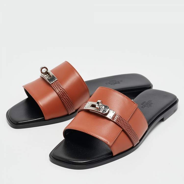Pre Owned Hermes Brown Lizard and Leather Giulia Flat Slides Size 38