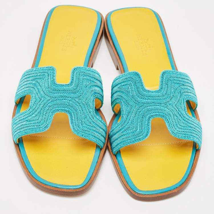 Pre Owned Hermes Blue Twisted Metal Thread Oran Flat Slides Size 36