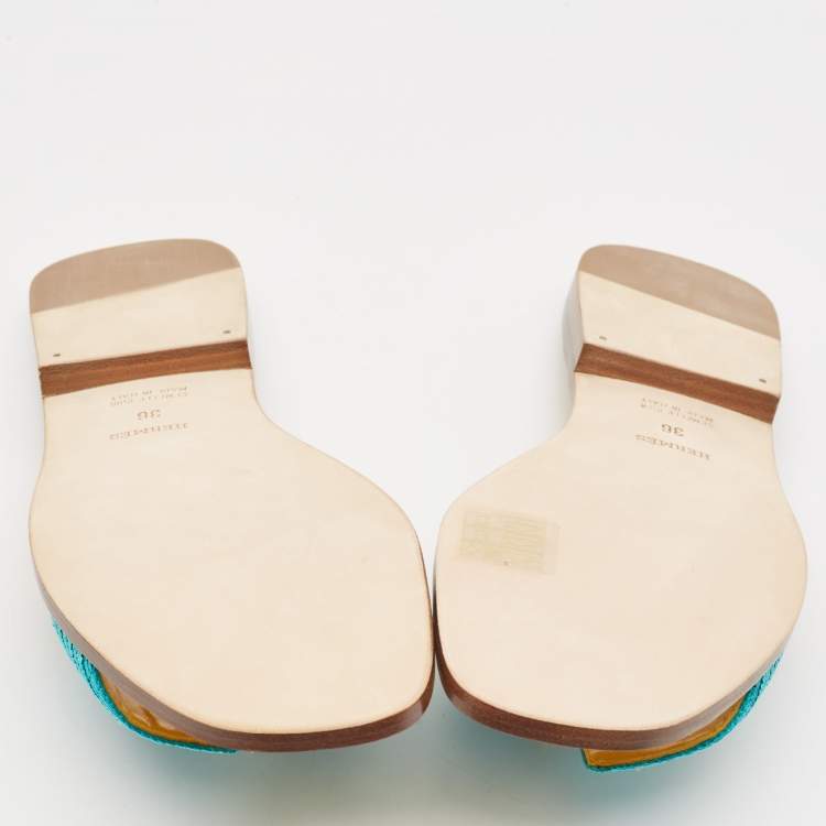 Pre Owned Hermes Blue Twisted Metal Thread Oran Flat Slides Size 36