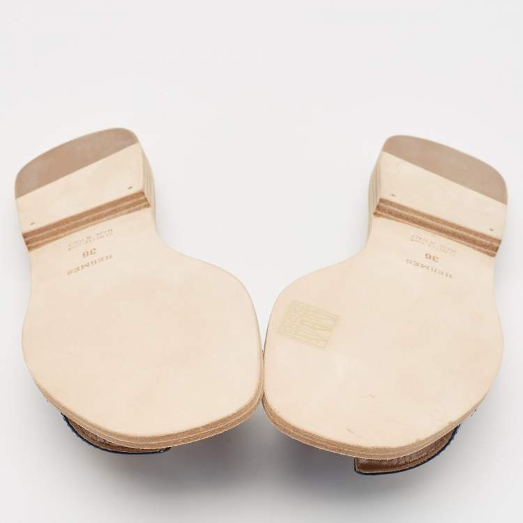 Pre Owned Hermes Blue Patent Leather Oran Flat Slides Size 36