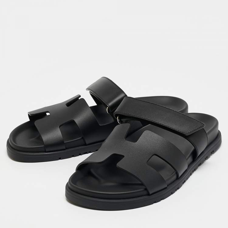 Pre Owned Hermes Black Leather Chypre Sandals Size 39