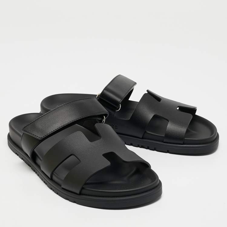 Pre Owned Hermes Black Leather Chypre Sandals Size 39