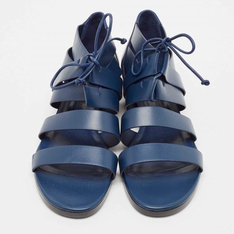 Pre Owned Hermes Navy Blue Leather Gladiator Flat Sandals Size 38.5