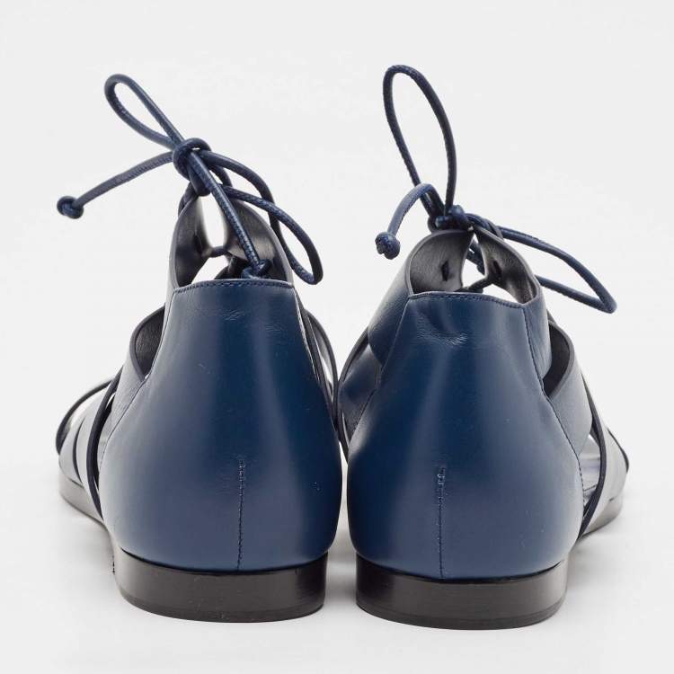 Pre Owned Hermes Navy Blue Leather Gladiator Flat Sandals Size 38.5