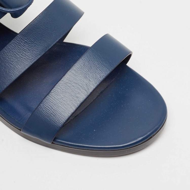 Pre Owned Hermes Navy Blue Leather Gladiator Flat Sandals Size 38.5