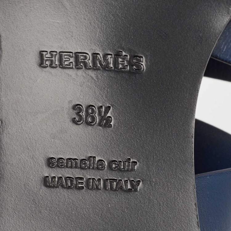 Pre Owned Hermes Navy Blue Leather Gladiator Flat Sandals Size 38.5