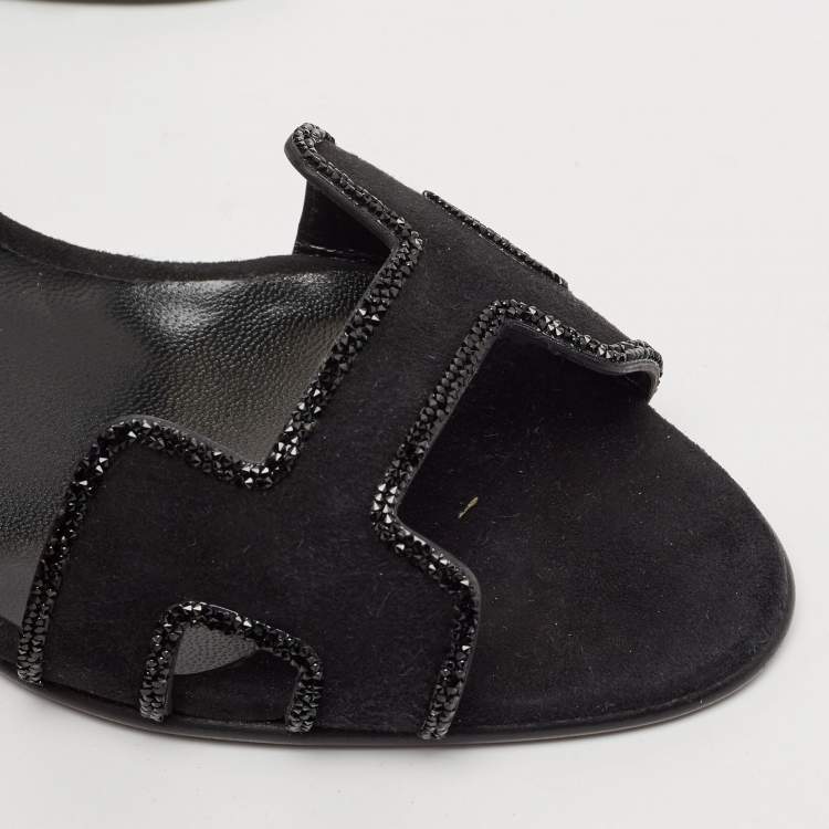 Pre Owned Hermes Black Suede Crystal Embellished Premiere Sandals Size 36.5