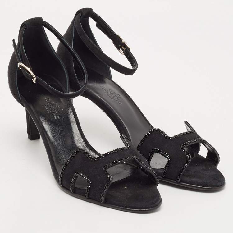 Pre Owned Hermes Black Suede Crystal Embellished Premiere Sandals Size 36.5