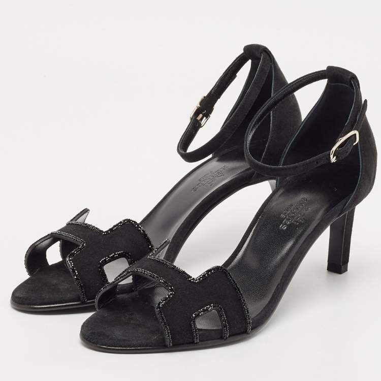 Pre Owned Hermes Black Suede Crystal Embellished Premiere Sandals Size 36.5