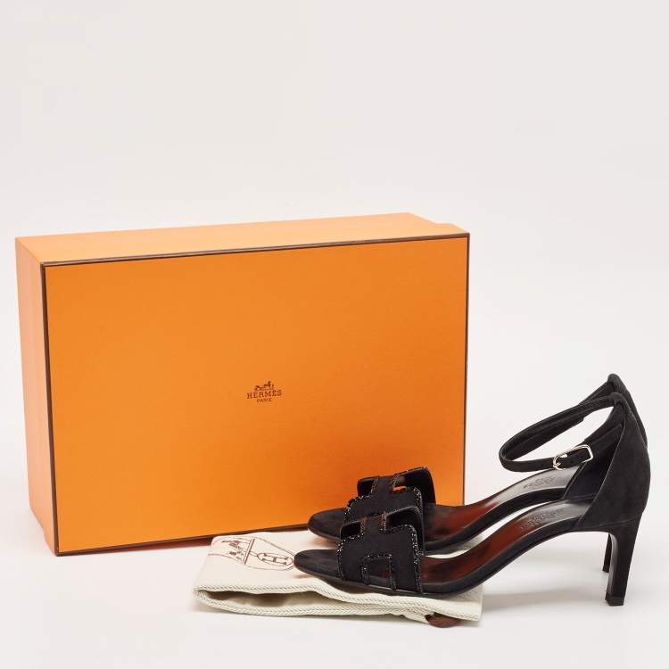 Pre Owned Hermes Black Suede Crystal Embellished Premiere Sandals Size 36.5