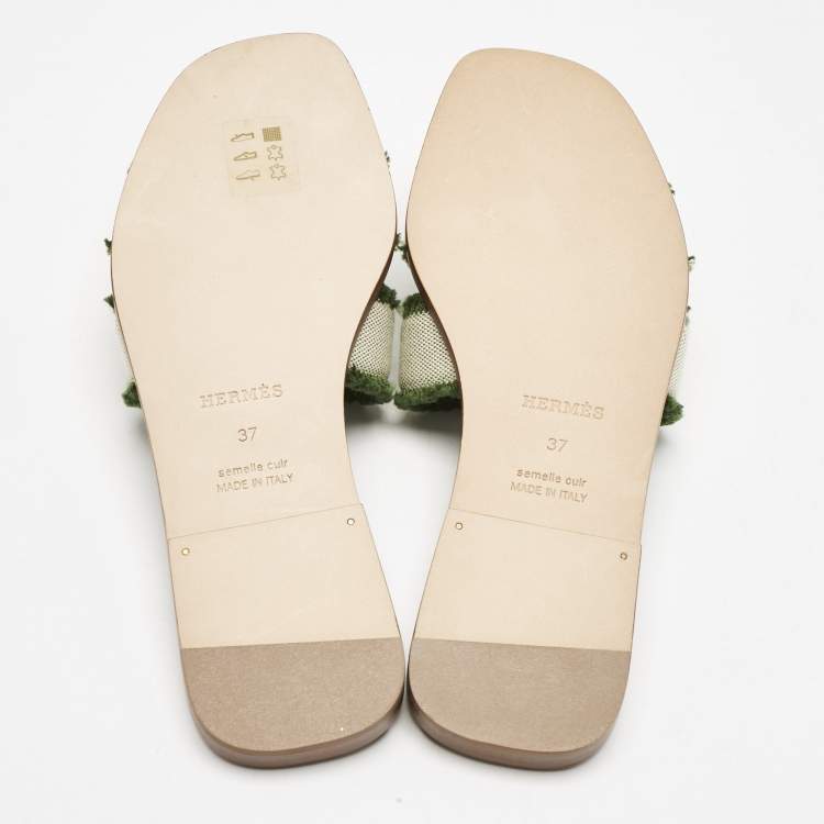 Pre Owned Hermes Beige/Green Fringe Canvas Oran Flat Slide Sandals Size 37