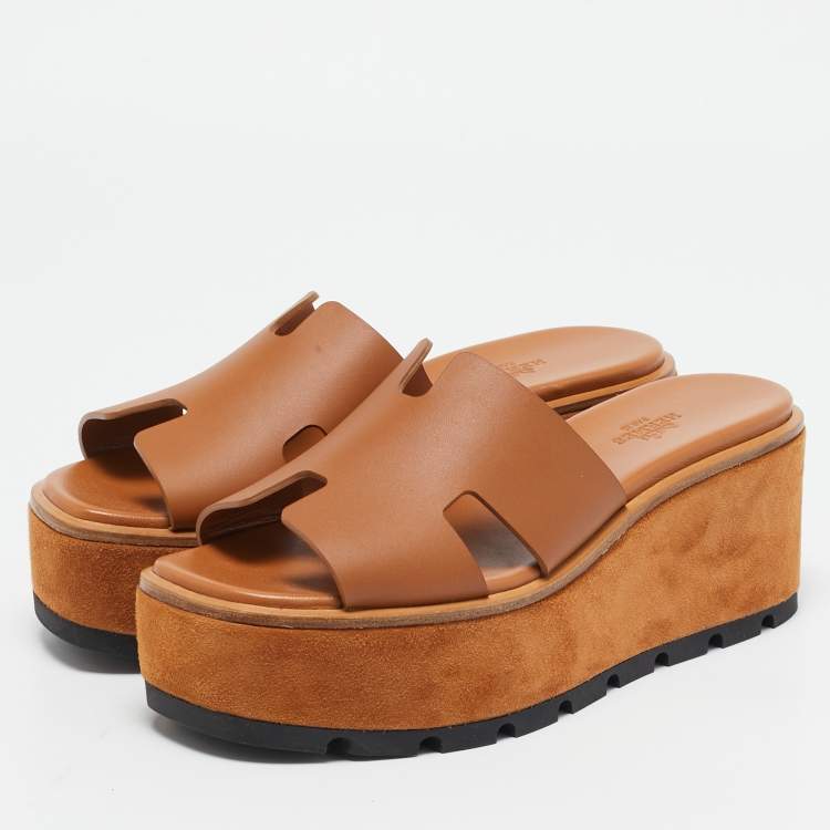 Pre Owned Hermes Brown Leather Eze Platform Cork Wedge Sandals Size 37