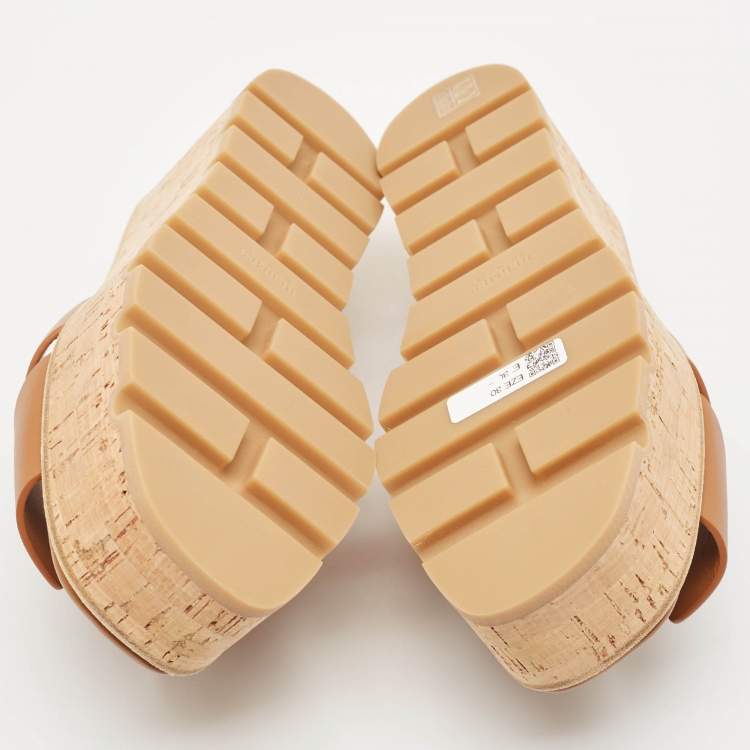 Pre Owned Hermes Brown Leather Eze Platform Cork Wedge Sandals Size 38