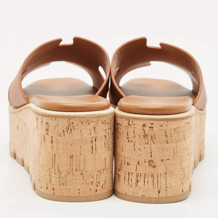 Pre Owned Hermes Brown Leather Eze Platform Cork Wedge Sandals Size 38