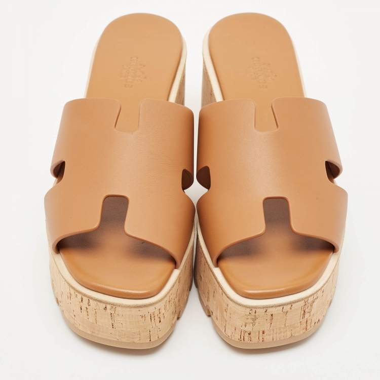 Pre Owned Hermes Brown Leather Eze Platform Cork Wedge Sandals Size 38