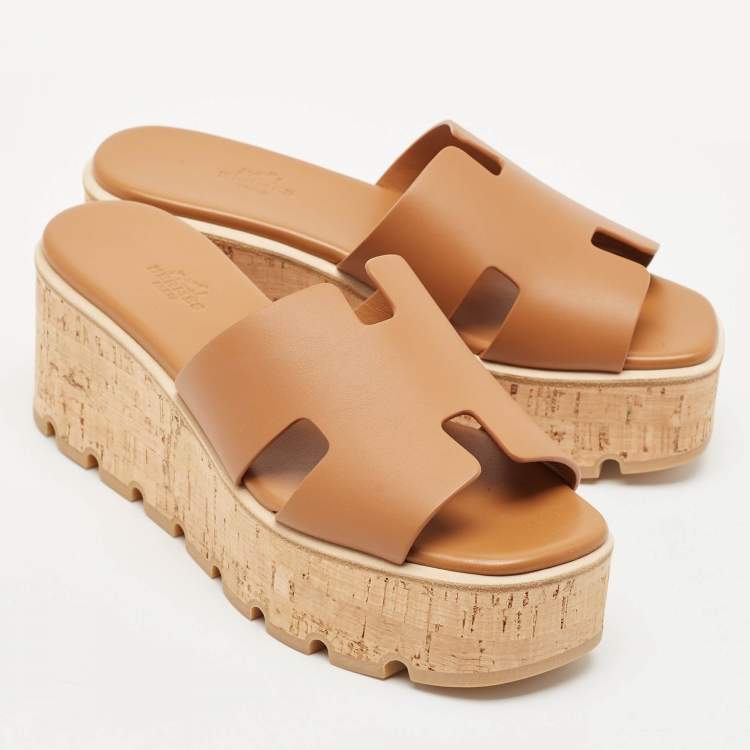 Pre Owned Hermes Brown Leather Eze Platform Cork Wedge Sandals Size 38
