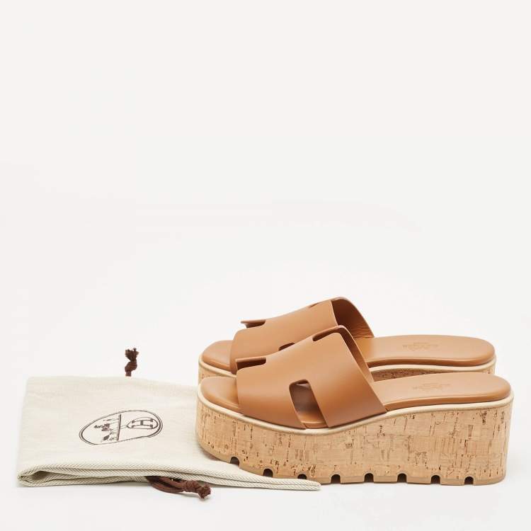 Pre Owned Hermes Brown Leather Eze Platform Cork Wedge Sandals Size 38