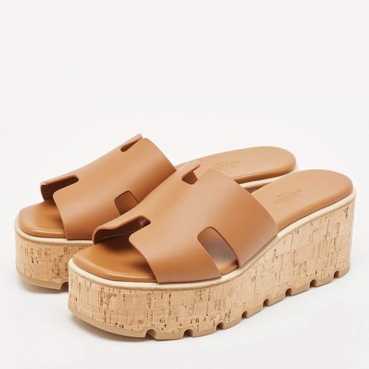 Pre Owned Hermes Brown Leather Eze Platform Cork Wedge Sandals Size 38