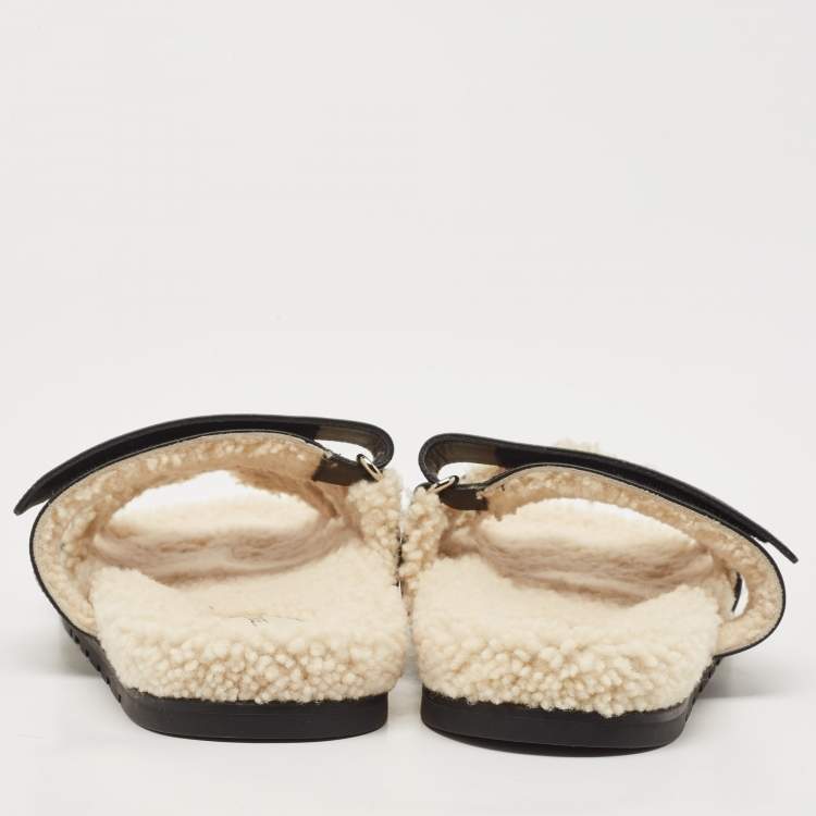 Pre Owned Hermes Black Leather and Shearling Fur Lined Chypre Sandals Size 40