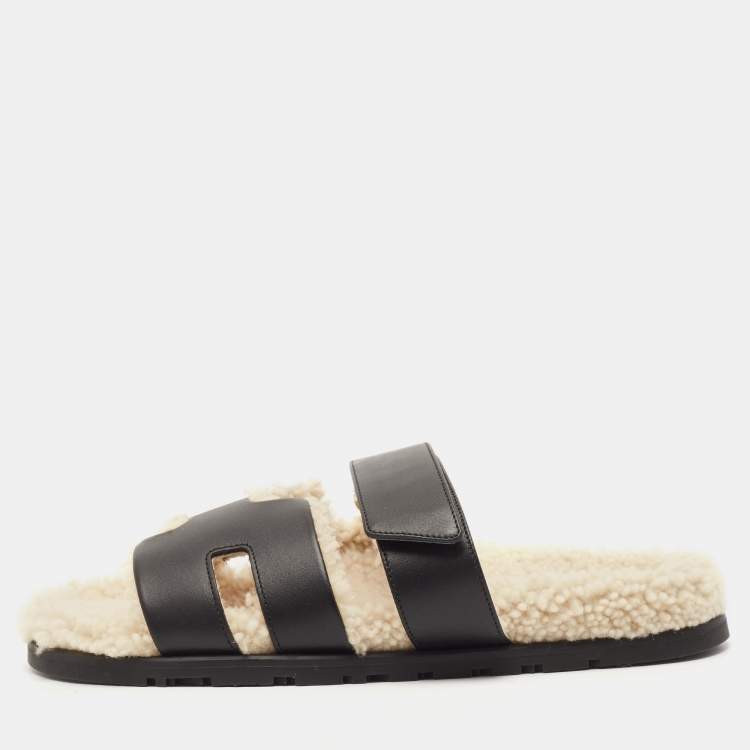 Pre Owned Hermes Black Leather and Shearling Fur Lined Chypre Sandals Size 40