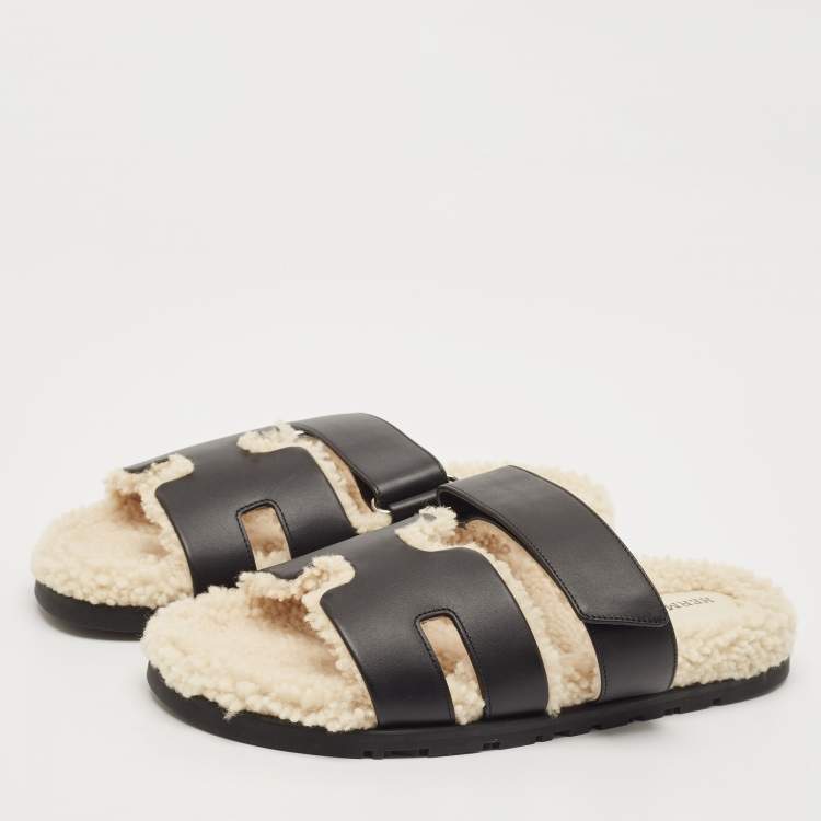 Pre Owned Hermes Black Leather and Shearling Fur Lined Chypre Sandals Size 40