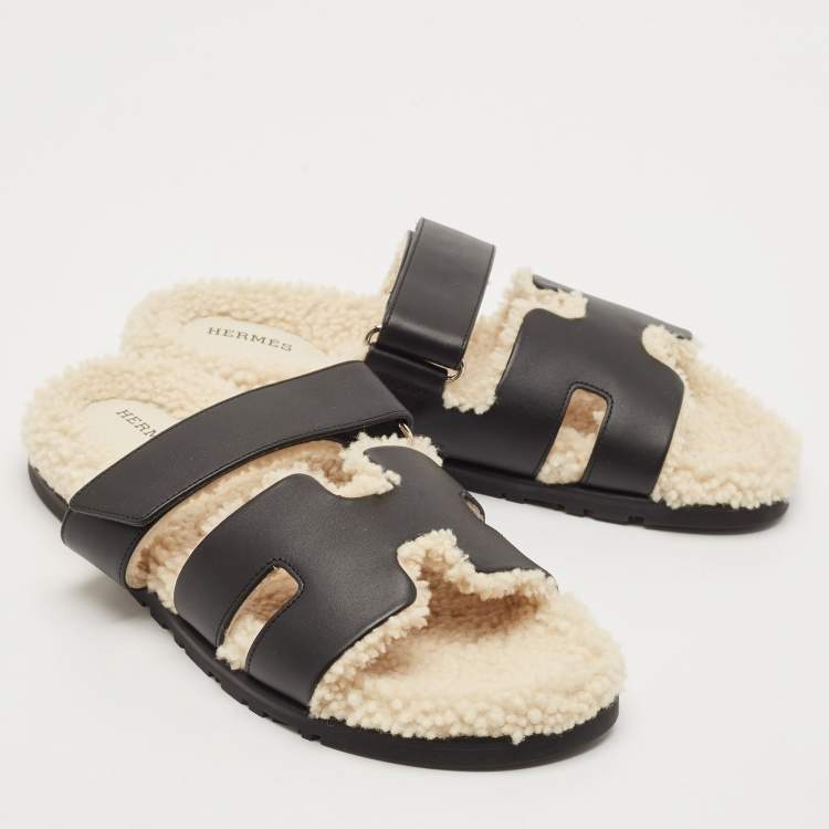 Pre Owned Hermes Black Leather and Shearling Fur Lined Chypre Sandals Size 40