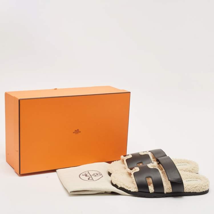 Pre Owned Hermes Black Leather and Shearling Fur Lined Chypre Sandals Size 40