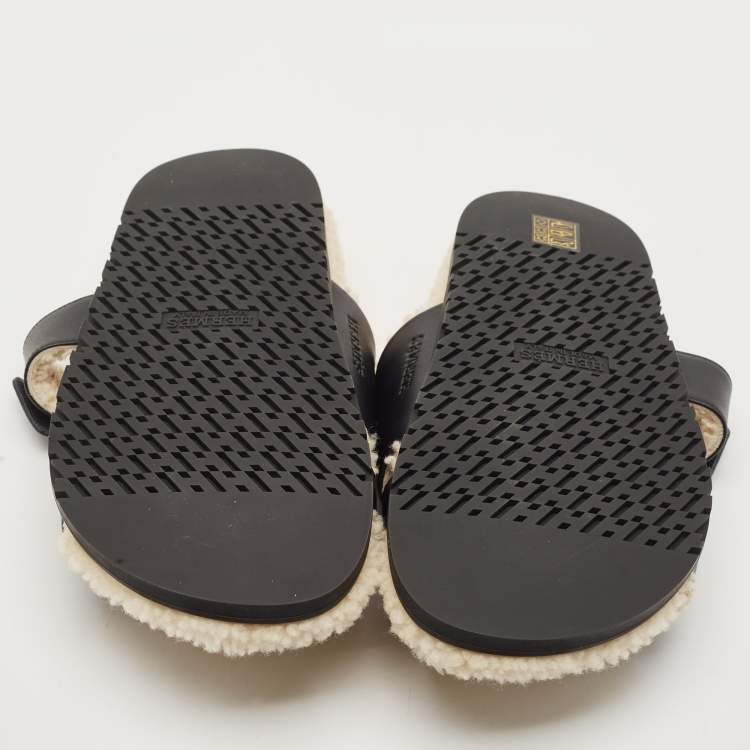 Pre Owned Hermes Black Leather and Shearling Fur Lined Chypre Sandals Size 40
