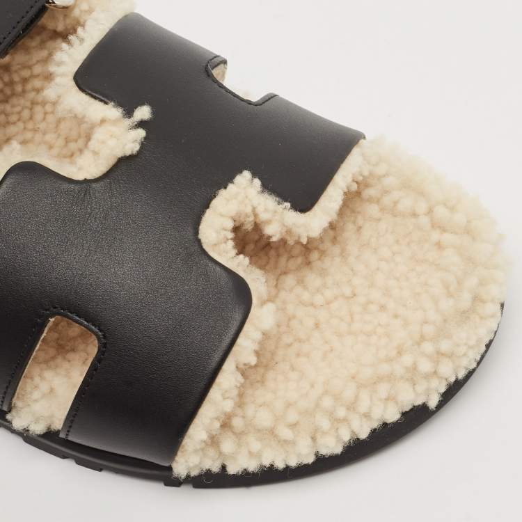 Pre Owned Hermes Black Leather and Shearling Fur Lined Chypre Sandals Size 40